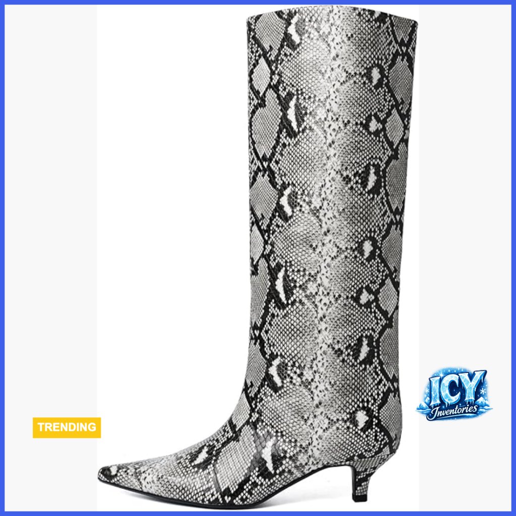 Pu Leather Snake Pattern Knee High Boots Kitten Heel Pull On